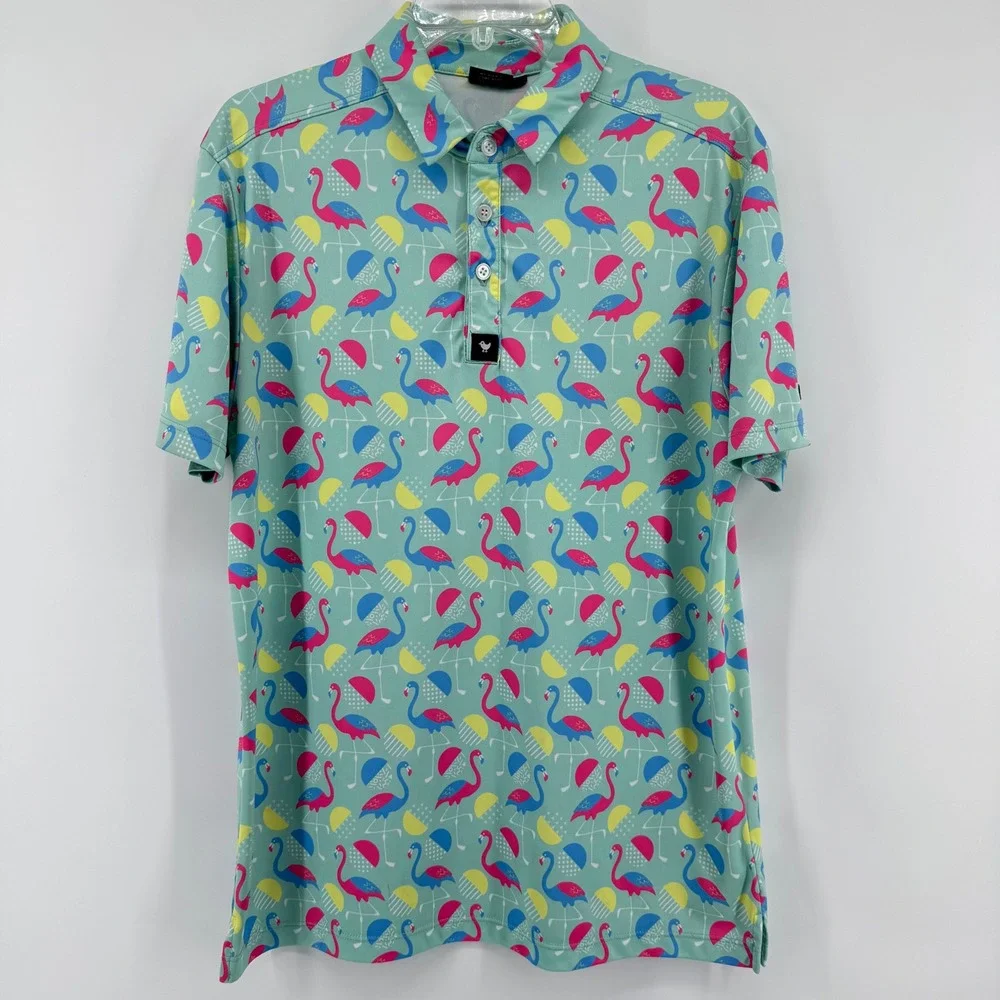 Bad Birdie Golf Polo Mens M Teal Flamingo Print Short Sleeve Performance Shirt